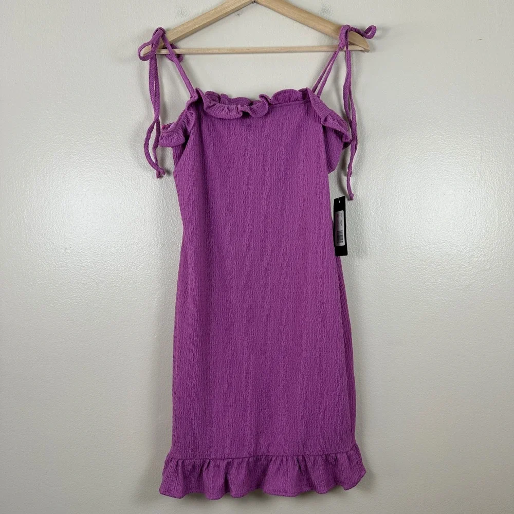 Bebe Women's L Mini Dress Lilac Textured‎ Ruffle Tie Shoulder NEW